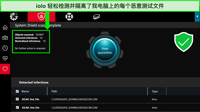 iolo 的 Windows 应用程序的屏幕截图显示了已完成的 System Shield 扫描以及检测到的几个测试恶意软件文件。