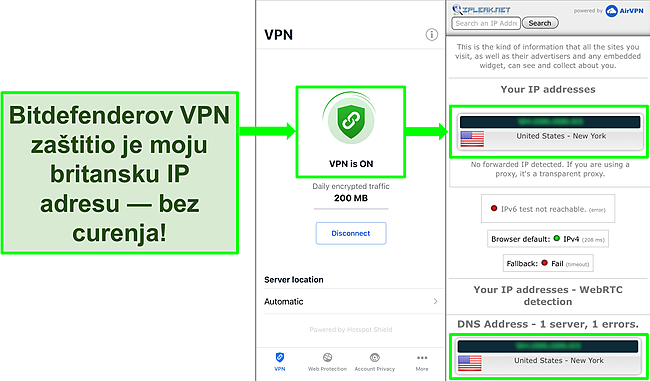 Snimka zaslona koja prikazuje Bitdefenderovu iOS VPN značajku i rezultati testa propuštanja IP -a koji ne pokazuju curenja.