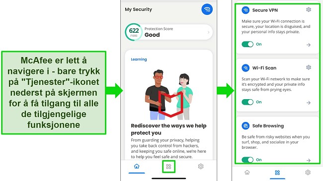 På dette bildet ser vi at McAfee-appen er enkel å navigere i på iOS