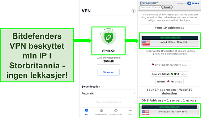 Skjermbilde som viser Bitdefenders iOS VPN -funksjon og resultatene av en IP -lekkasjetest som viser ingen lekkasjer.