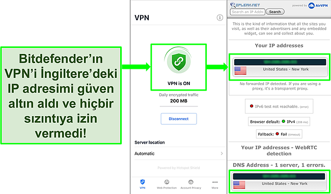 Bitdefender'ın iOS VPN özelliğini ve sızıntı olmadığını gösteren bir IP sızıntı testinin sonuçlarını gösteren ekran görüntüsü.