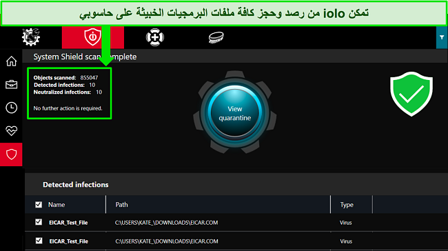 لقطة شاشة لتطبيق iolo على نظام التشغيل Windows والتي تعرض مسحًا كاملاً لدرع النظام مع العديد من ملفات اختبار البرامج الضارة المكتشفة.
