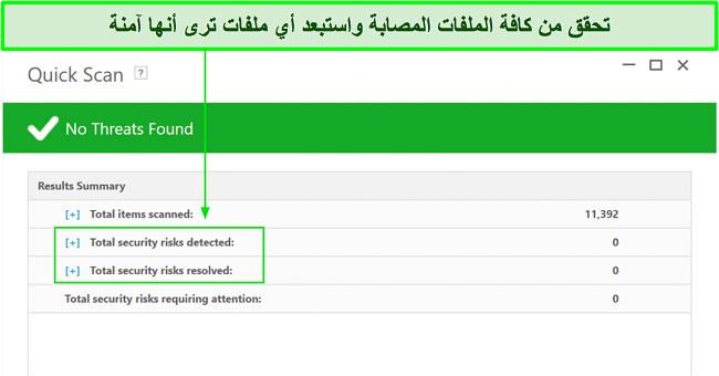 لقطة شاشة لمكان التحقق من قائمة الملفات المصابة بعد الفحص الكامل