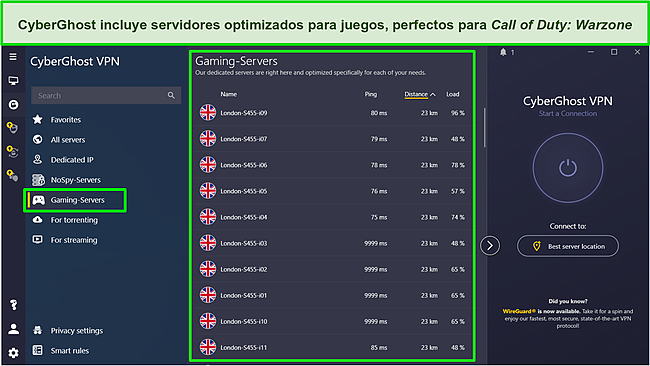 Captura de pantalla de la lista de servidores de juegos de CyberGhost.