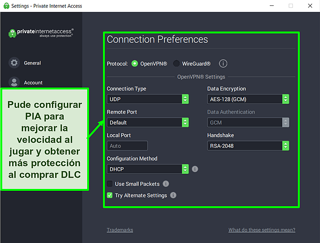 Captura de pantalla de la configuración de PIA personalizable.