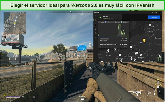 Captura de pantalla de IPVanish conectado a un servidor polaco mientras se juega Warzone 2.0