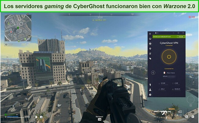 Captura de pantalla de CyberGhost VPN conectado a un servidor francés mientras se juega a Warzone 2.0