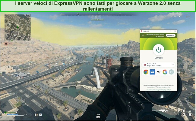 Screenshot di ExpressVPN connesso a un server del Regno Unito durante la riproduzione di Warzone 2.0