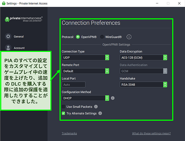 カスタマイズ可能なPIA設定のスクリーンショット。