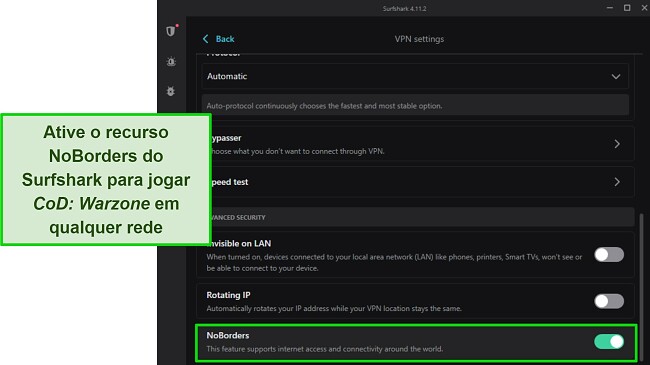 SurfsharkのNoBorders機能をオンにすると、どのネットワークからでもCoD: Warzoneにアクセスできます