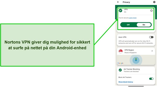 Skærmbillede af Norton Mobile Securitys VPN, mens du er tilsluttet