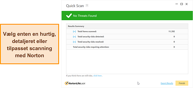 Skærmbillede af Nortons scanningsmuligheder mod malware.