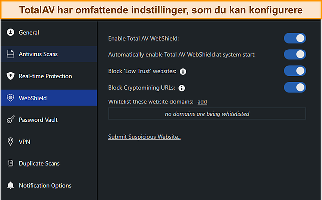 Skærmbillede af TotalAvs Settings Manus.