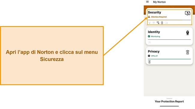 Screenshot che mostra come aprire il menu Sicurezza in Norton Mobile Security