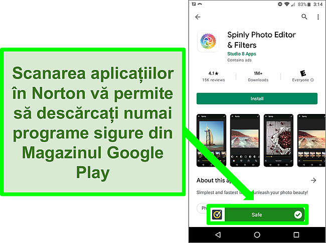 Captură de ecran a unei aplicații din magazinul Google Play care este marcată ca „sigură” de o scanare Norton.