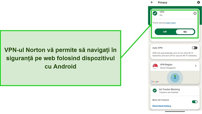 Captură de ecran a VPN-ului Norton Mobile Security în timp ce este conectat