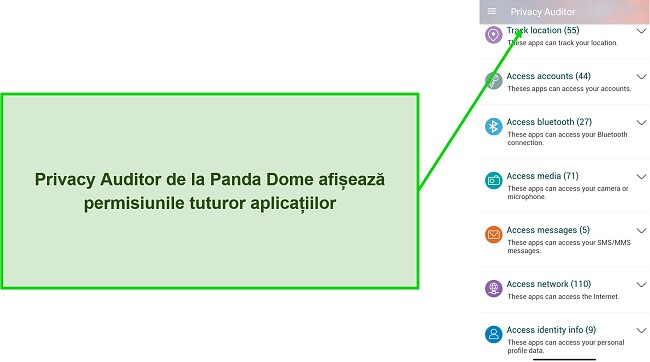 Captură de ecran care arată funcția Auditor de confidențialitate a Panda Dome