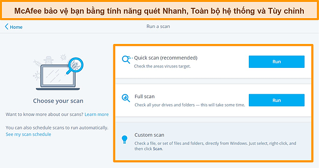 Ảnh chụp màn hình của ứng dụng chống vi-rút McAfee với các tùy chọn quét nhanh, đầy đủ và tùy chỉnh.