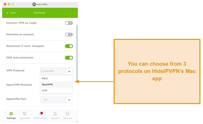 Screenshot of encryption protocols available on HideIPVPN's Mac app