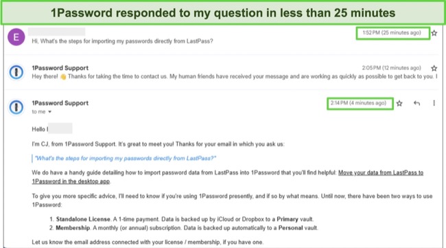 Screenshot of 1Password email support conversation