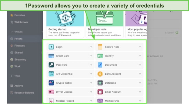 Screenshot of 1Password item categories
