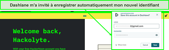 Capture d'écran de la fonction d'enregistrement automatique de Dashlane en cours d'utilisation.