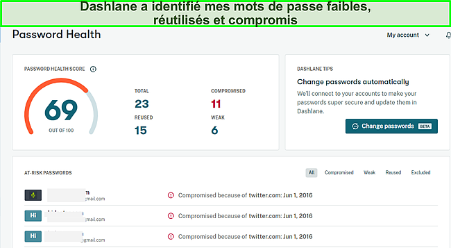 Capture d'écran du moniteur de santé des mots de passe Dashlane.