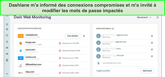 Capture d'écran du moniteur Web sombre de Dashlane.