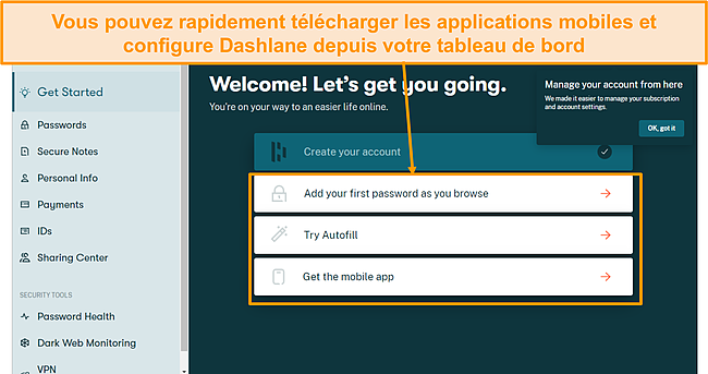 Capture d'écran de la page d'intégration de Dashlane.