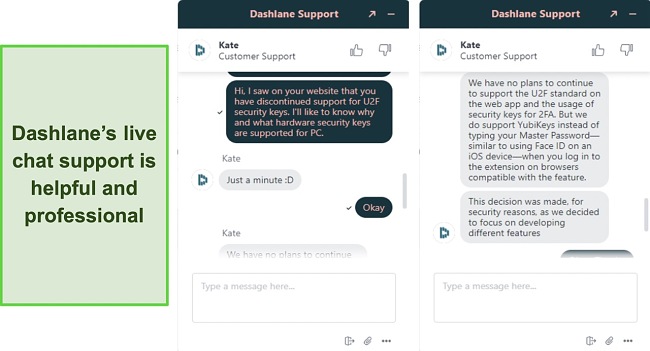 Screenshot of a conversation with Dashlane's live chat support