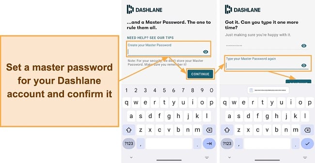 Screenshot showing how to set a master password for your Dashlane account