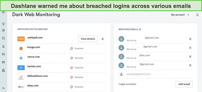 Screenshot of Dashlane's dark web monitoring scan results