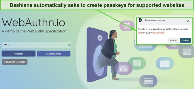 Screenshot of Dashlane asking to create a passkey for webauthn.io