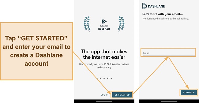 Screenshot showing how to create a Dashlane account on Android