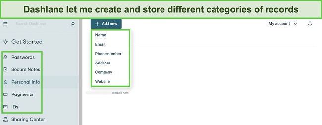 Screenshot showing how to store a new personal information record in Dashlane