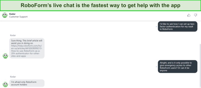 Screenshot of a conversation with RoboForm's live chat support