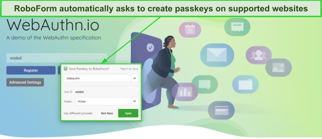 Screenshot of RoboForm asking to generate a passkey for a supported website