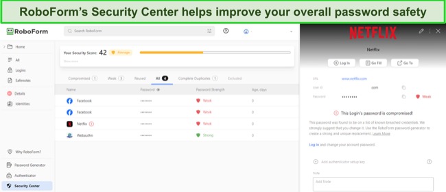 Screenshot of RoboForm's security center