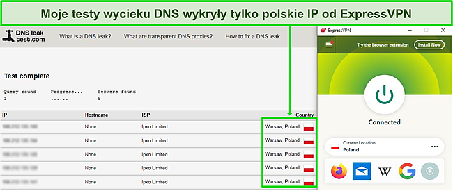 Zrzut ekranu udanego testu szczelności DNS, gdy ExpressVPN jest podłączony do serwera w Polsce.