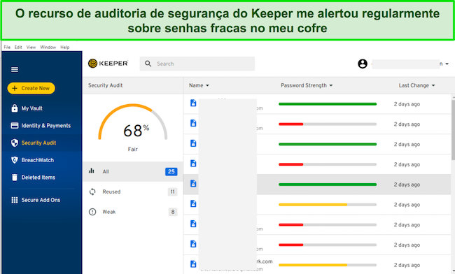 Captura de tela da guia Auditoria de segurança do Keeper