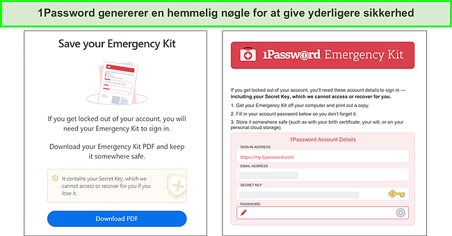 1Passwords nødsæt med den hemmelige nøgle.