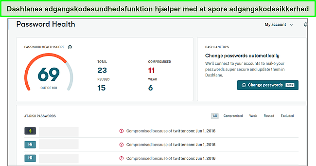 Dashlanes adgangskodesundhedsfunktion i aktion.