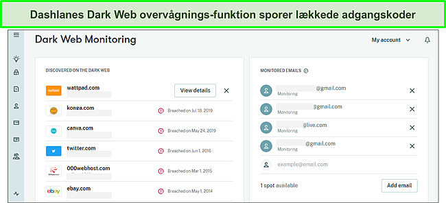 Brug af Dashlanes Dark Web Monitoring til at spore brudte adgangskoder.