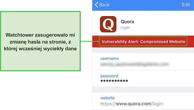 Zrzut ekranu Strażnicy 1Password wykrywającej zhakowaną witrynę.