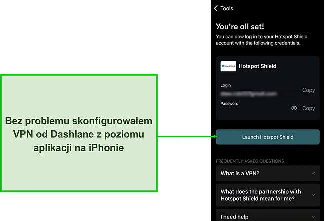 Zrzut ekranu konfiguracji VPN Dashlane z poziomu aplikacji.