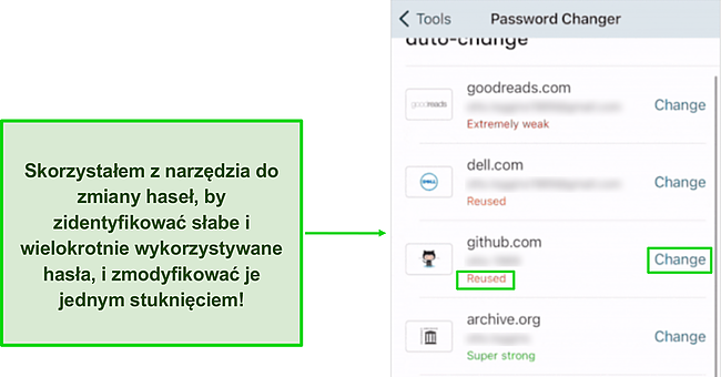 Zrzut ekranu przedstawiający zmieniacz haseł jednym kliknięciem w Dashlane.