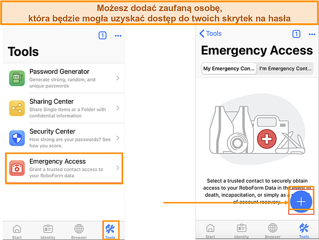 Zrzut ekranu Jak dodać dostęp awaryjny w aplikacji Roboform na iOS.