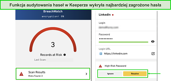 Zrzut ekranu programu Keeper Password Auditor wykrywającego słabe hasła.