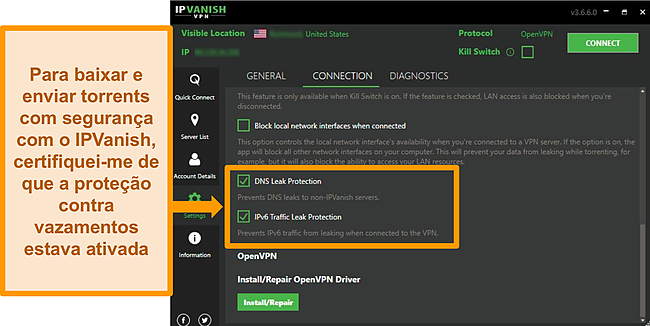 Captura de tela das configurações de conexão do IPVanish mostrando opções para proteção contra vazamentos de DNS e IPv6.