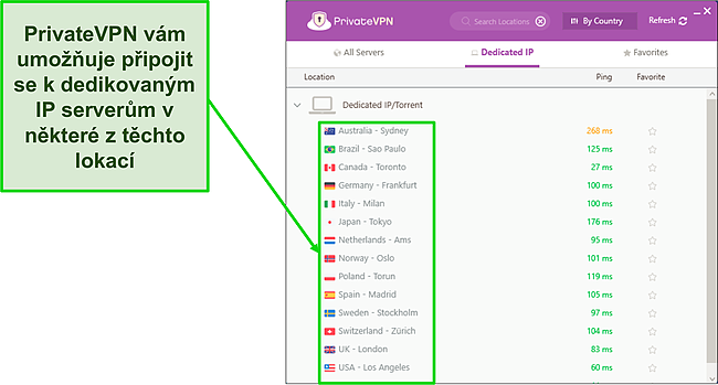 Snímek obrazovky nabídky soukromého IP serveru ve Windows.